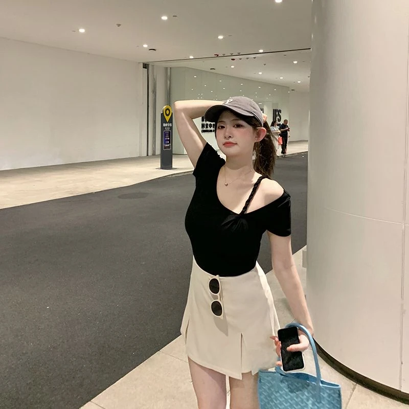 周白子FOR YOU洋气打底衫女内搭短袖设计感小众大码T恤女ZP089