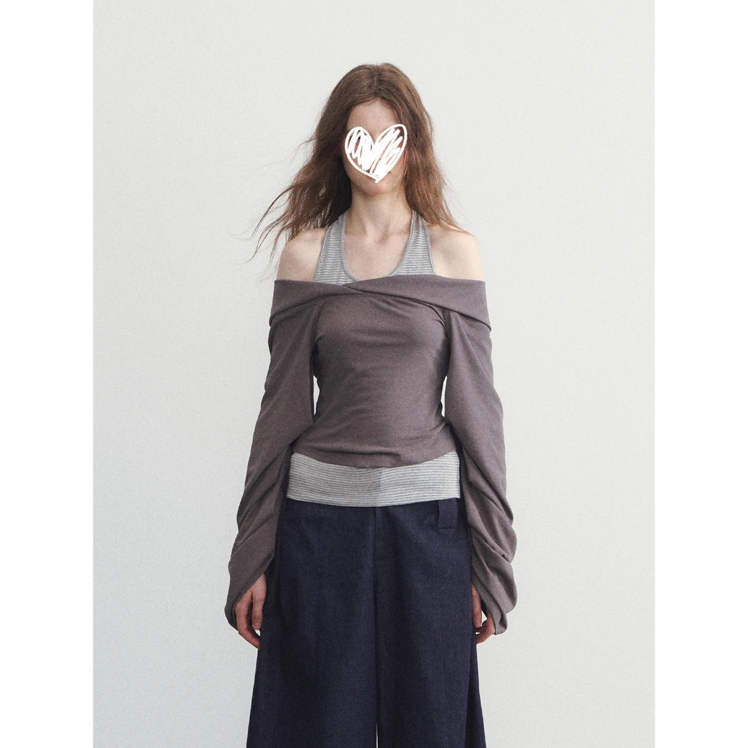 “爱屋及乌”假两件不规则T恤一字领修身长袖上衣Y3381