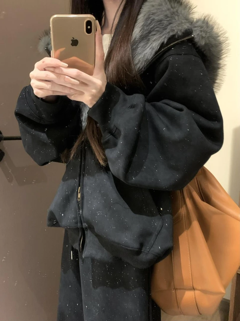 冬装搭配一整套韩系穿搭满天星兔耳朵毛绒外套休闲阔腿裤两件套女