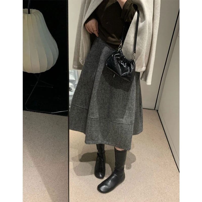 2025秋冬新款新款高腰口袋羊毛气质松紧腰拼接大摆半身裙#7749