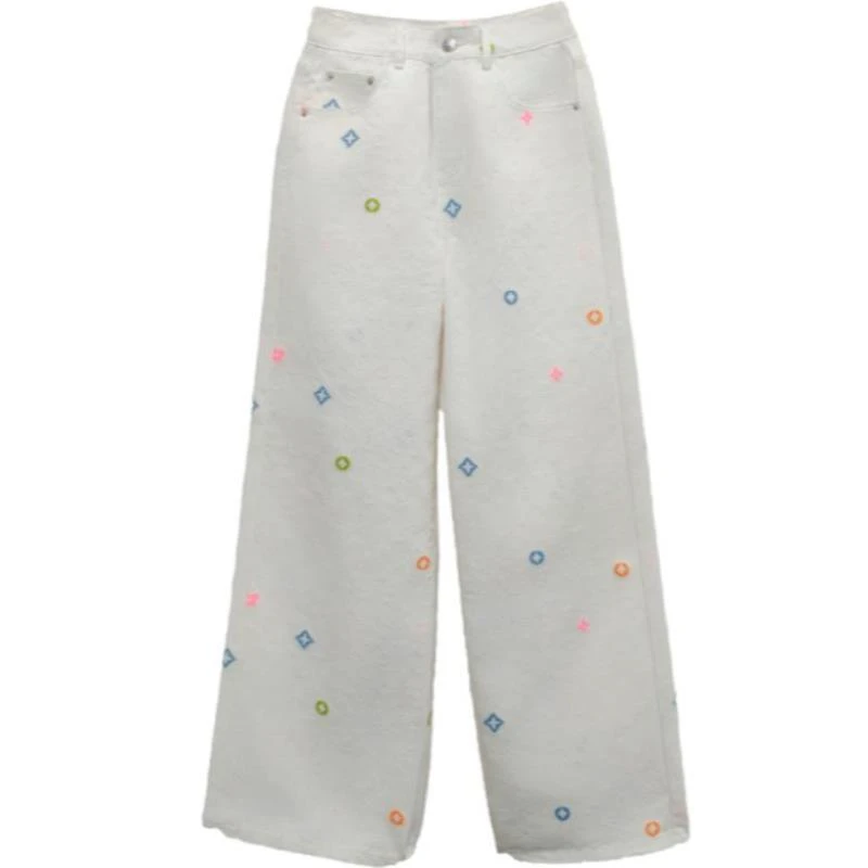 高腰水洗街头风秋季刺绣女牛仔裤裤子白色休闲裤长裤