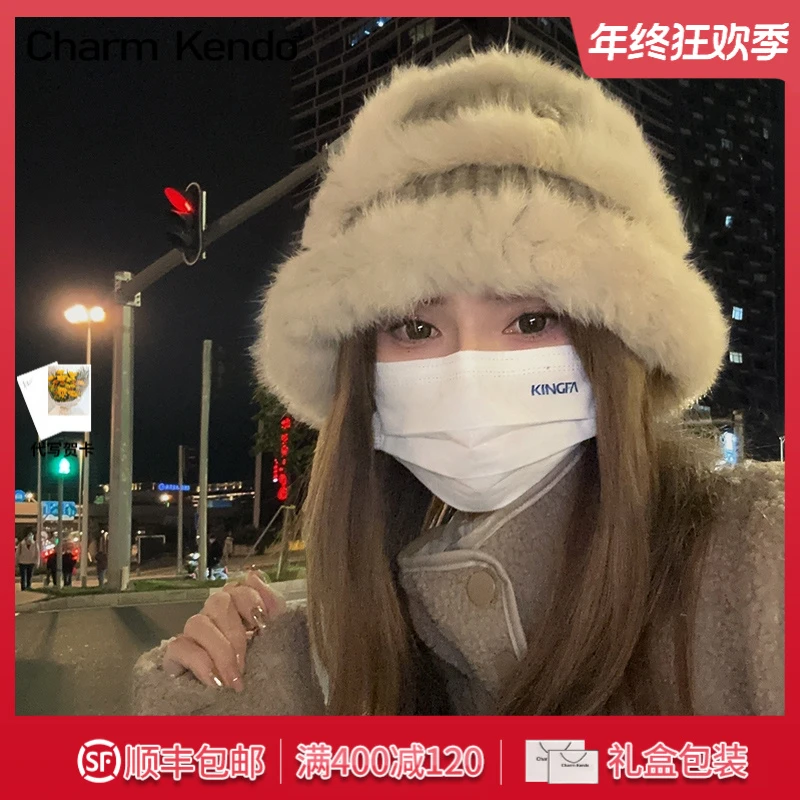 Charm Kendo帽子女2025新款冬季保暖护耳针织帽大头围毛线渔夫帽