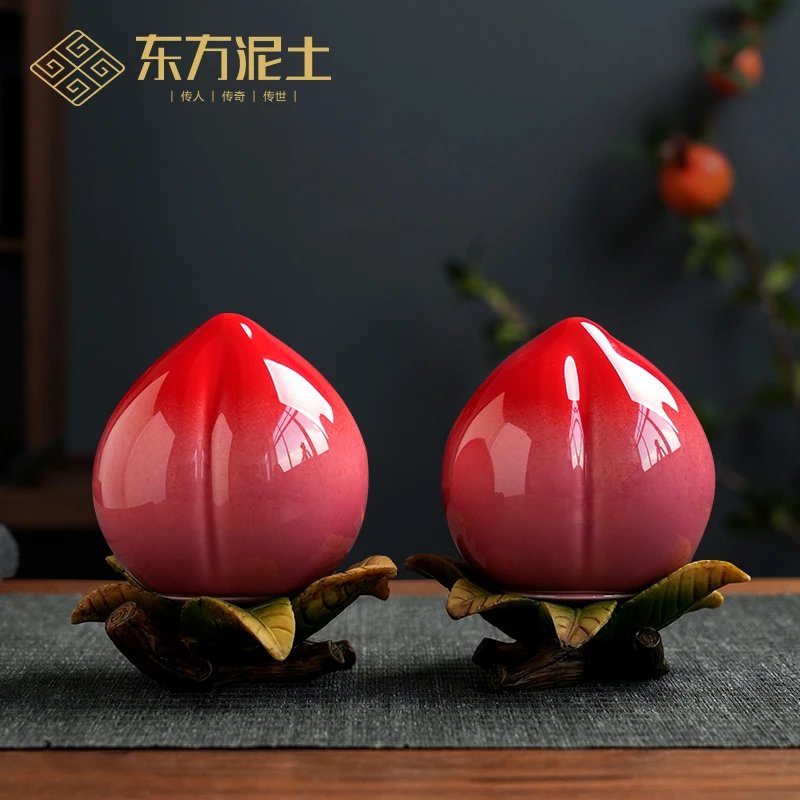 东方泥土送长辈寿桃摆件祝寿礼品迷你桃子储藏罐客厅茶桌装饰品