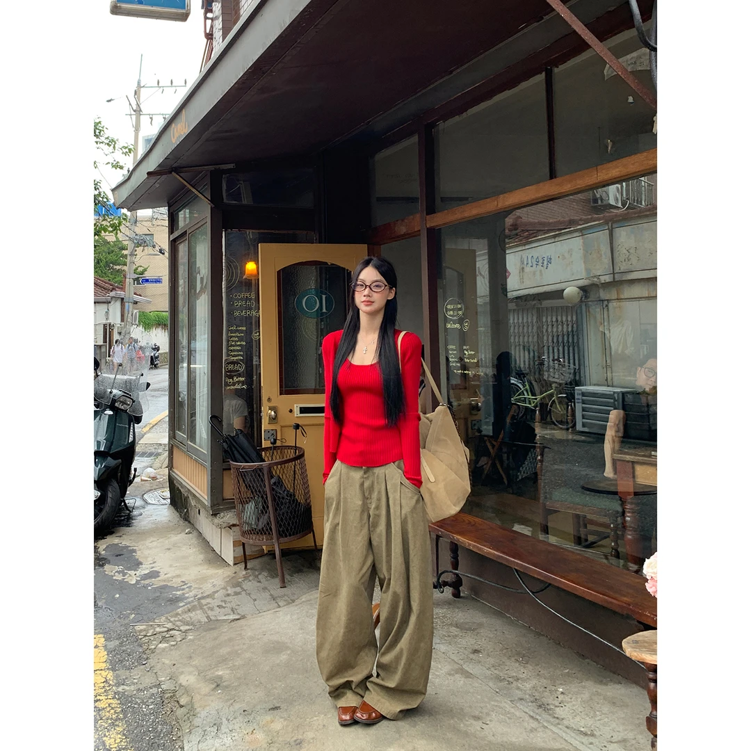 【棕色系】秋季复古森系简约百搭阔腿休闲牛仔裤D-0007