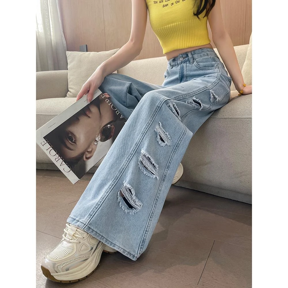 美式破洞牛仔裤女2025夏季超火小个子侧边拼接拉丝磨破乞丐阔腿裤