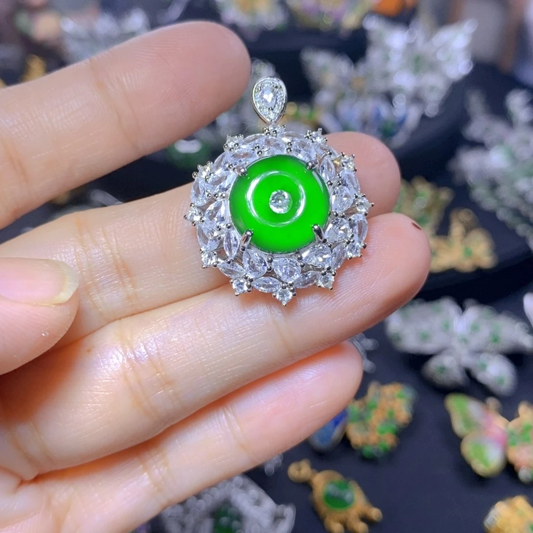 翡翠银S925镶嵌吊坠(不含链)天然翡翠