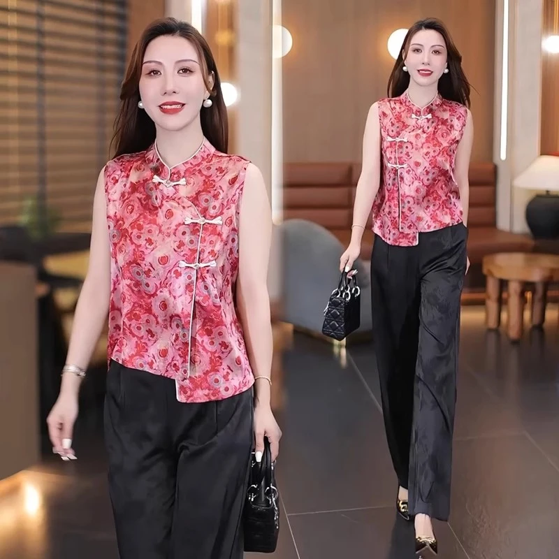 时尚新中式国风套装女2025夏季新款高级感气质盘扣上衣阔腿裤套装