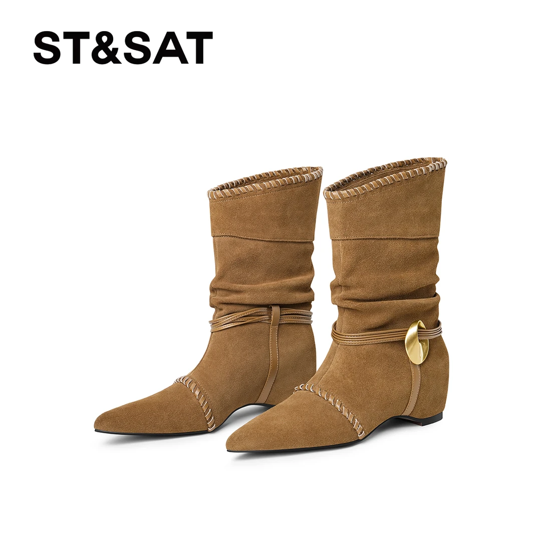 St&Sat/星期六经典真皮时装靴时尚秋冬西部靴中筒复古尖头女靴