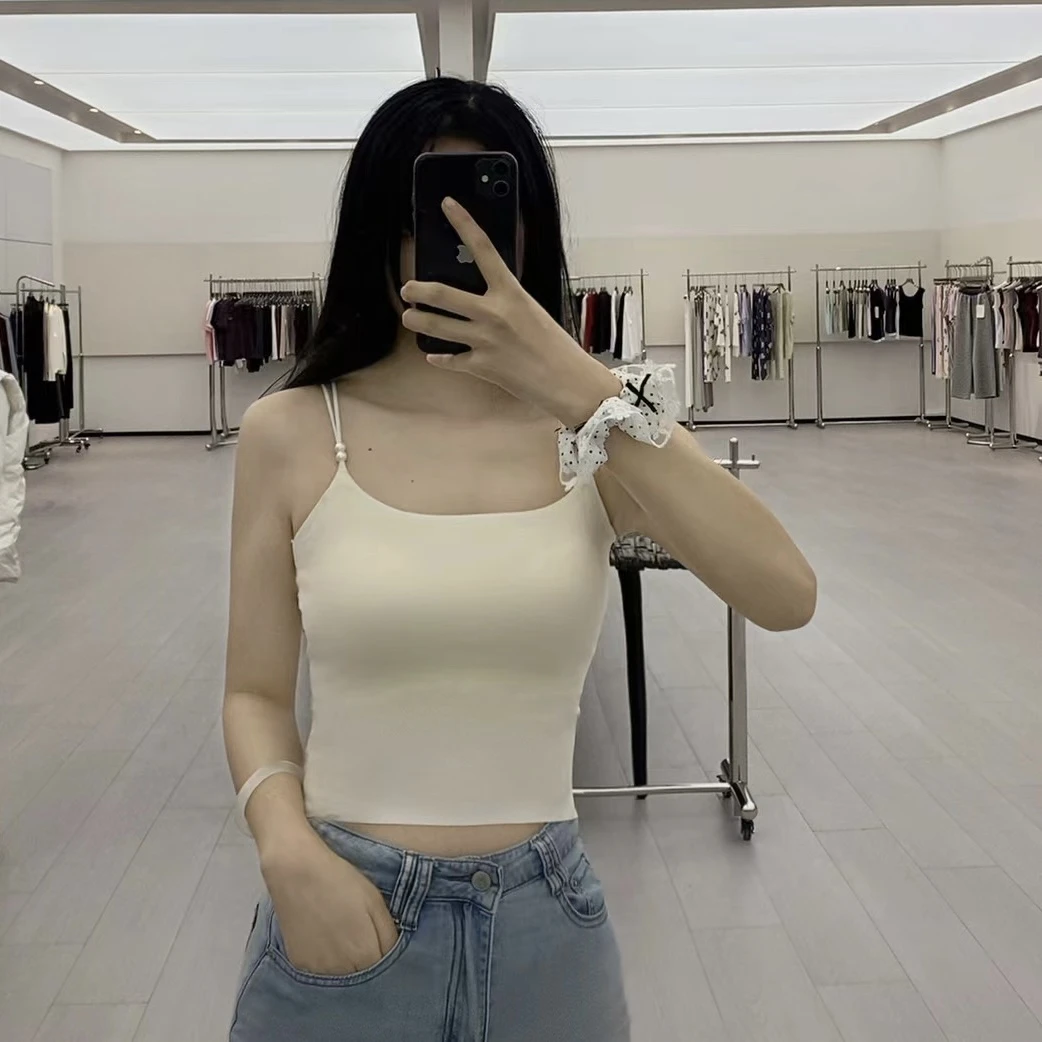 夏季新款凉感超薄珍珠女士吊带背心连体固定内杯胸垫吊带女