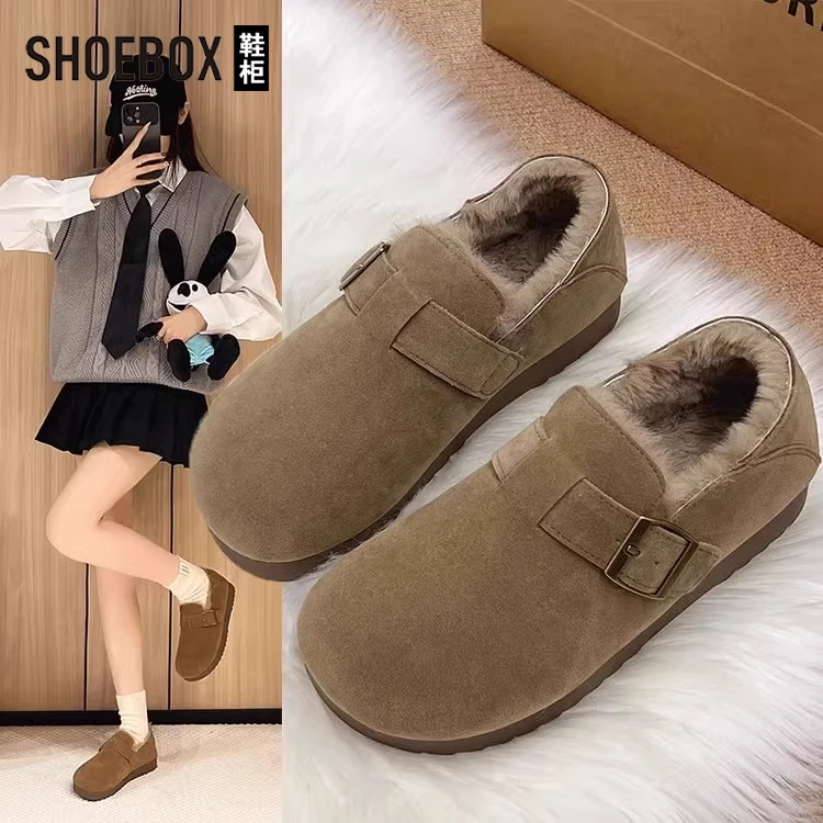 达芙妮集团旗下勃肯鞋女加绒2025冬季新款复古软底豆豆鞋保暖棉鞋
