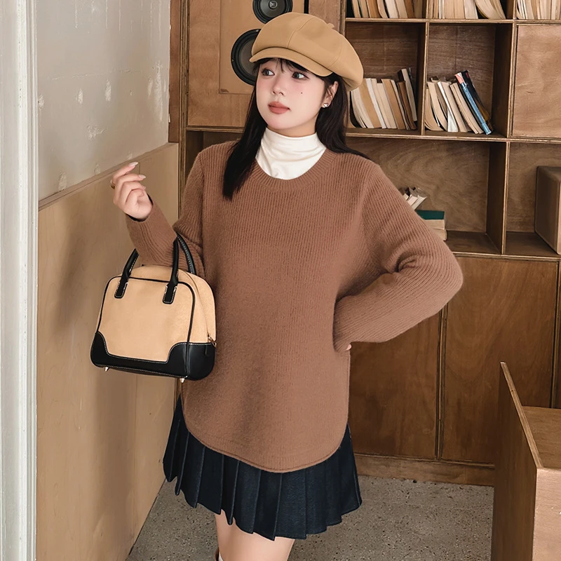 大码圆领针织衫女长袖打底衫2024胖mm宽松慵懒感毛衣