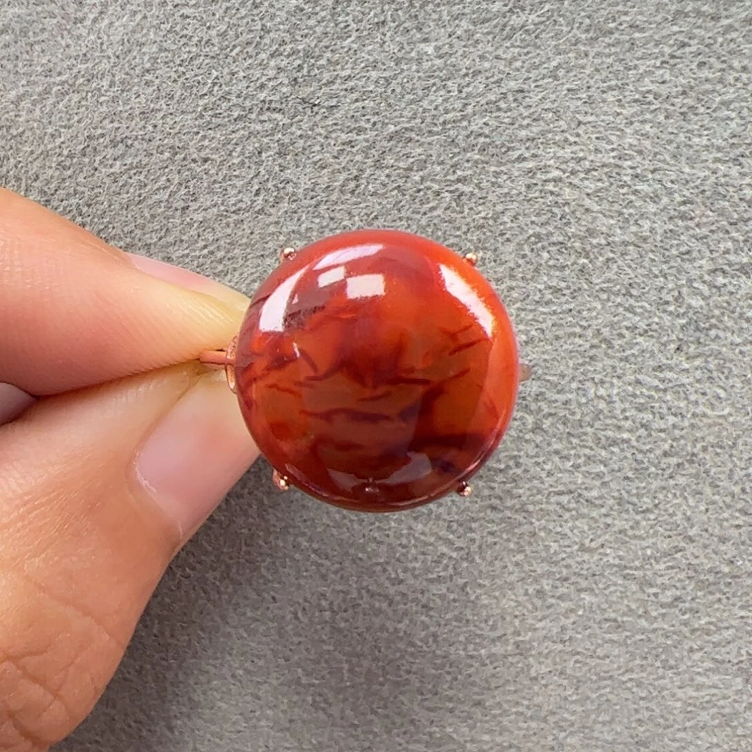银S925镶嵌（牛血火焰戒指15+）南红玛瑙