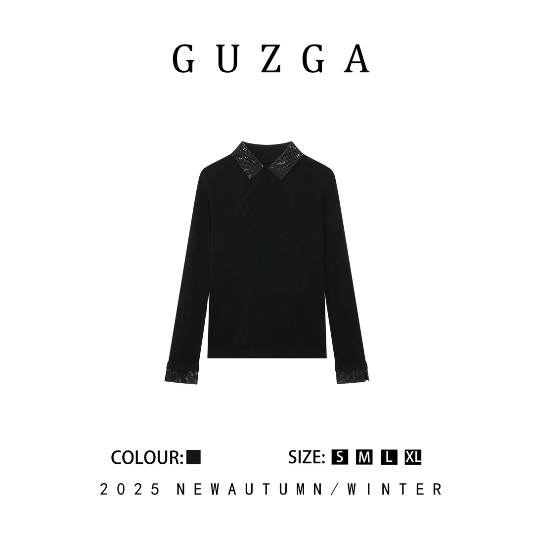 GUZGA【活力四射】2025秋季上新黑色亮钻翻领针织上衣时尚百搭简约