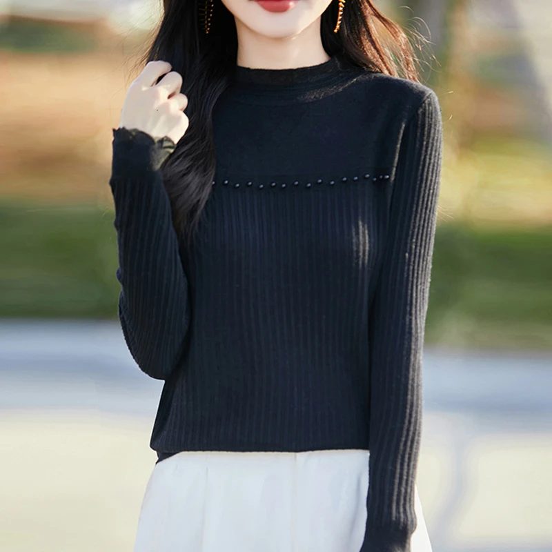 蕾丝打底衫女2025新款春秋内搭洋气钉珠针织上衣大码女装秋冬毛衣