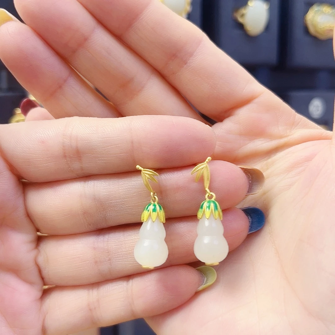 和田玉银S925镀金镶嵌耳饰