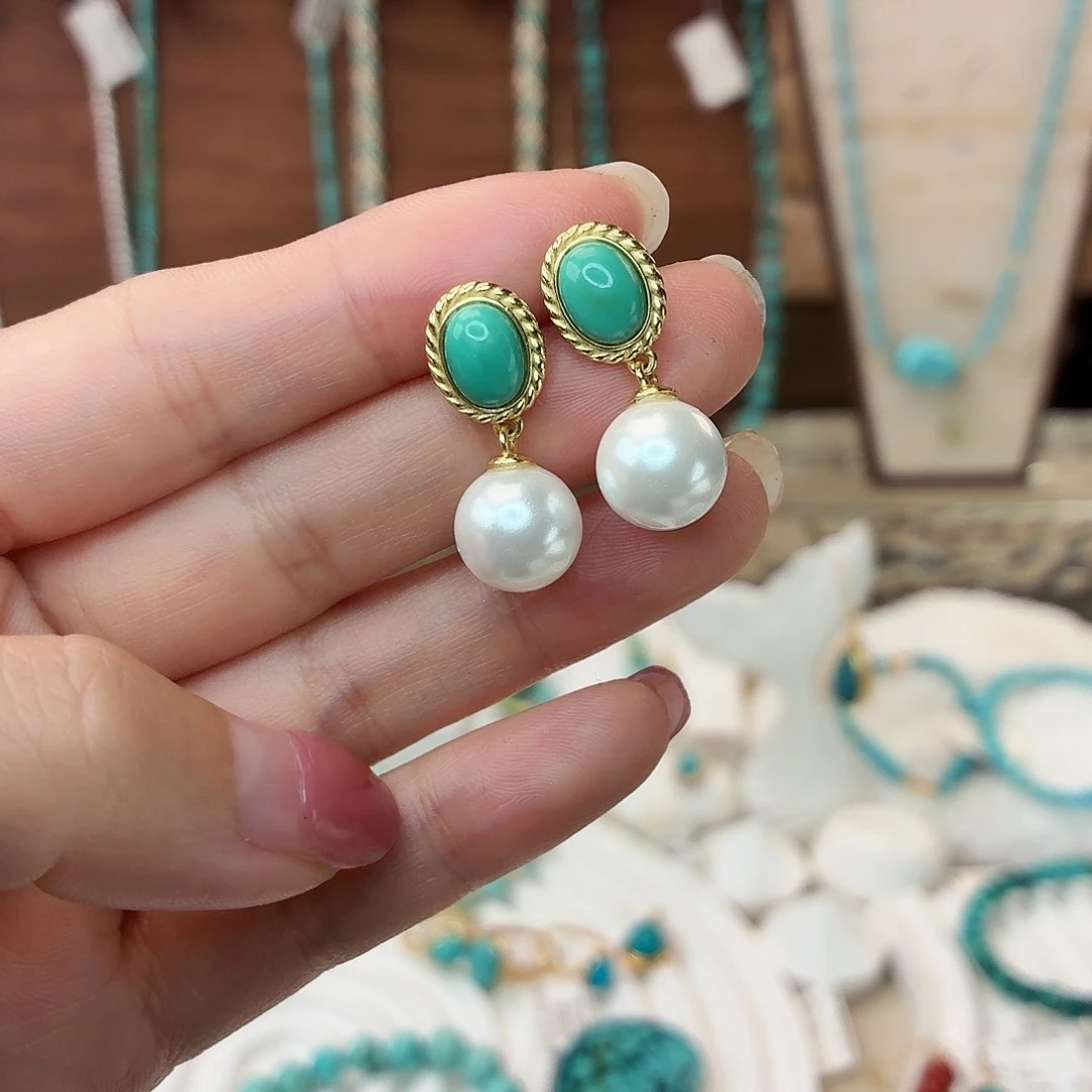 绿松石银S925镀金镶嵌耳饰