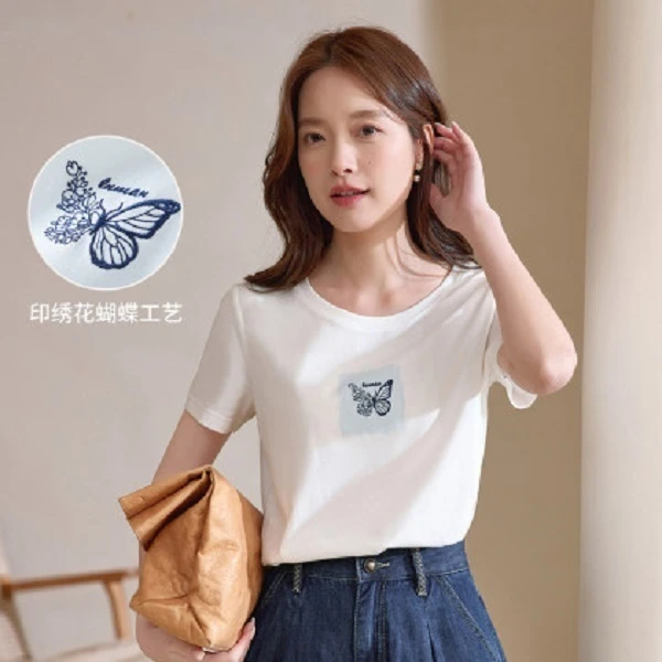 【欧若假日风】茵曼绣花纯棉短袖白夏日清凉感时尚百搭修身舒适T恤