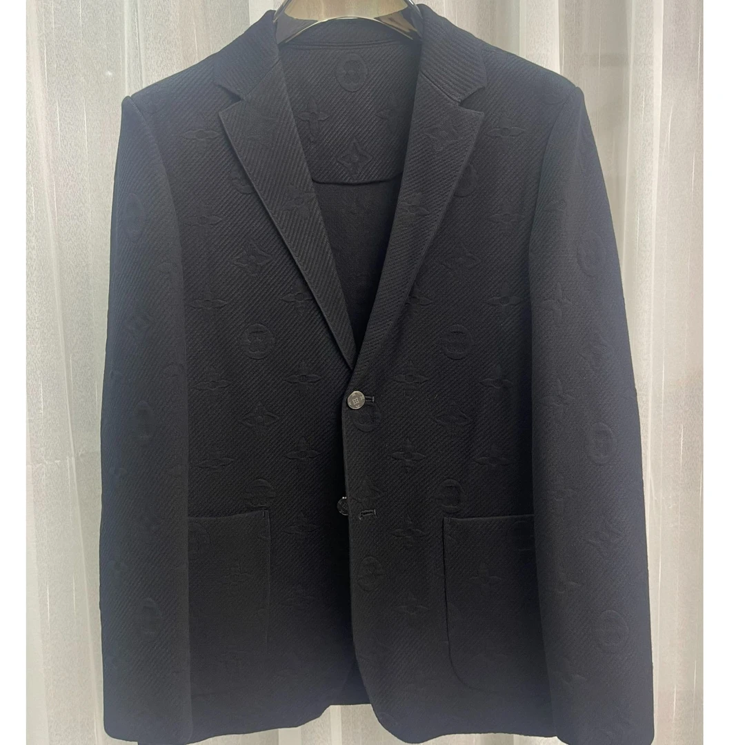 6816针织凹凸条纹花纹西装男士时尚休闲西服黑色春季商务