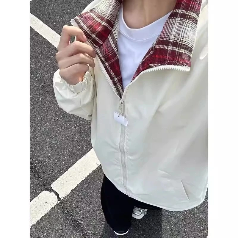 cleanfit格子拼接夹克男款春季美式复古情侣装外套宽松翻领棒球服