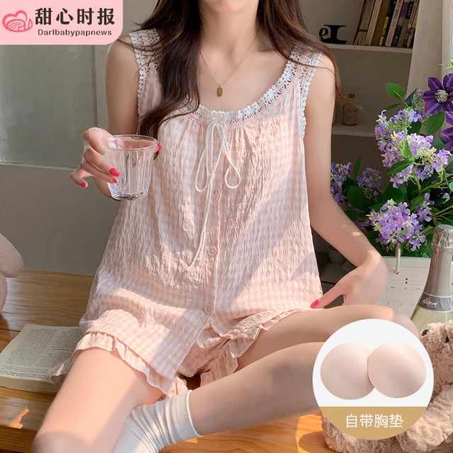 带胸垫睡衣女夏季云朵棉背心夏天甜美可爱2025新款无袖家居服套装