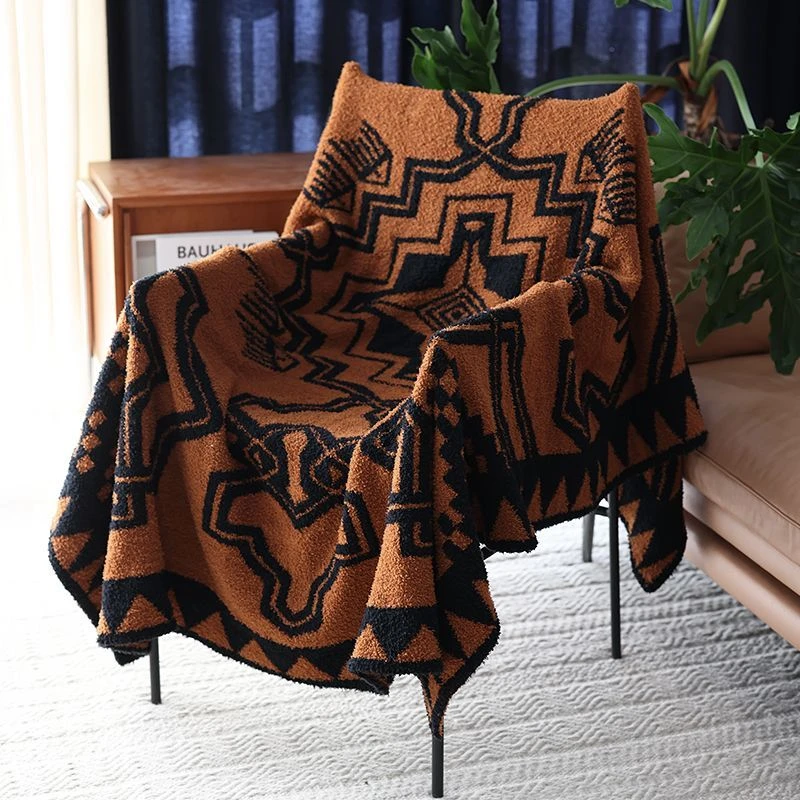 冬季加厚保暖休闲盖毯户外露营毯午睡毛毯暗橘色复古几何包邮新款