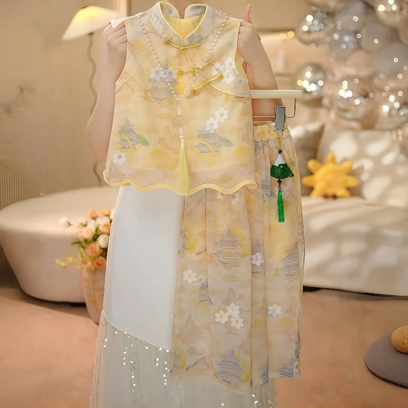 女童国风短袖套装夏装2025新款中大童网红新中式阔腿裤裙裤两件套