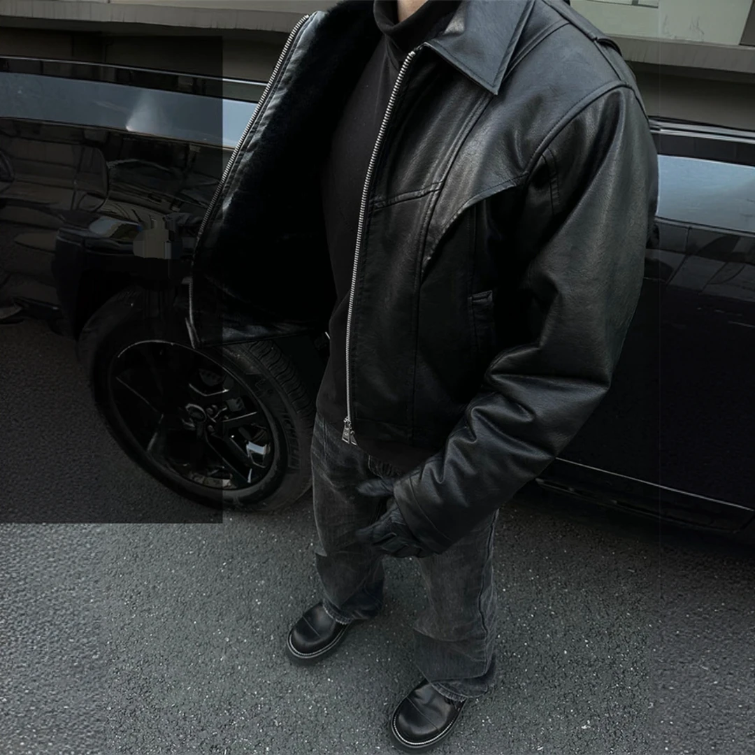 黑色高级感座山雕翻领皮衣夹克男款潮流街头痞帅短款休闲机车外套
