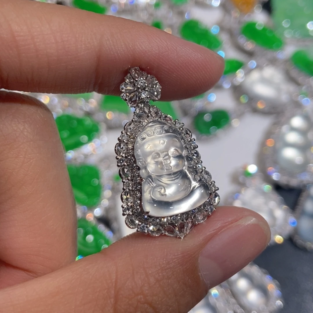 翡翠18K金镶嵌吊坠(不含链)天然缅甸A货翡翠