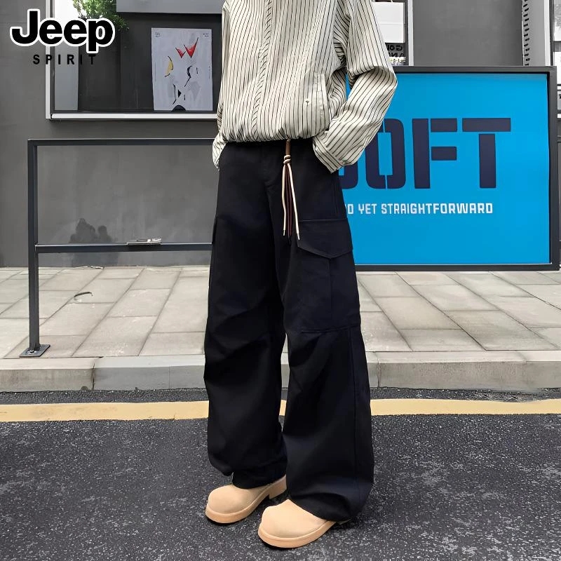 JEEPSPIRIT纯棉工装裤男春秋日系重磅宽松阔腿裤潮流休闲直筒裤