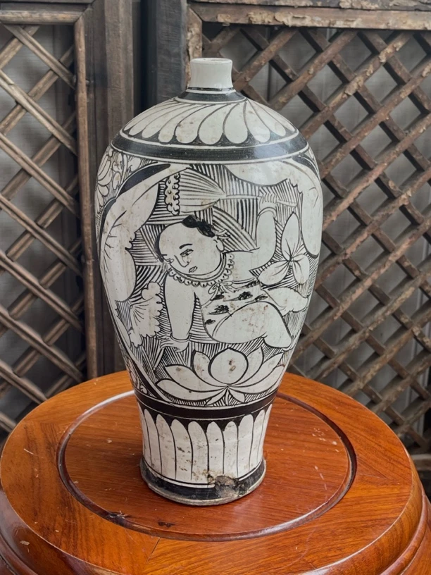 磁州窑双鱼人物手绘花瓶复古陶瓷古玩摆件