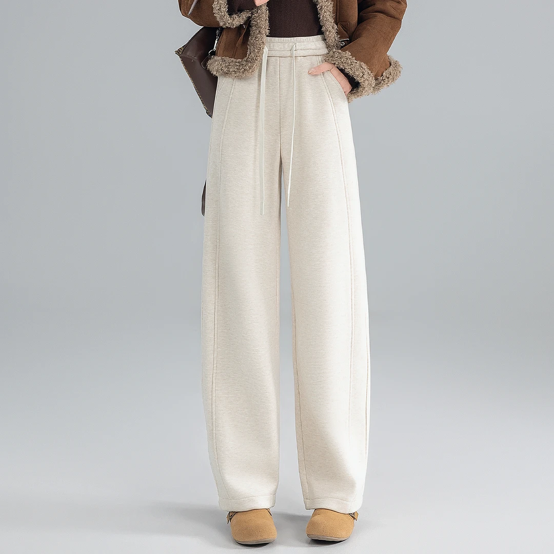 醋酸羊毛阔腿裤女秋冬加绒2025新款宽松羊绒加厚杏色毛呢弯刀裤子