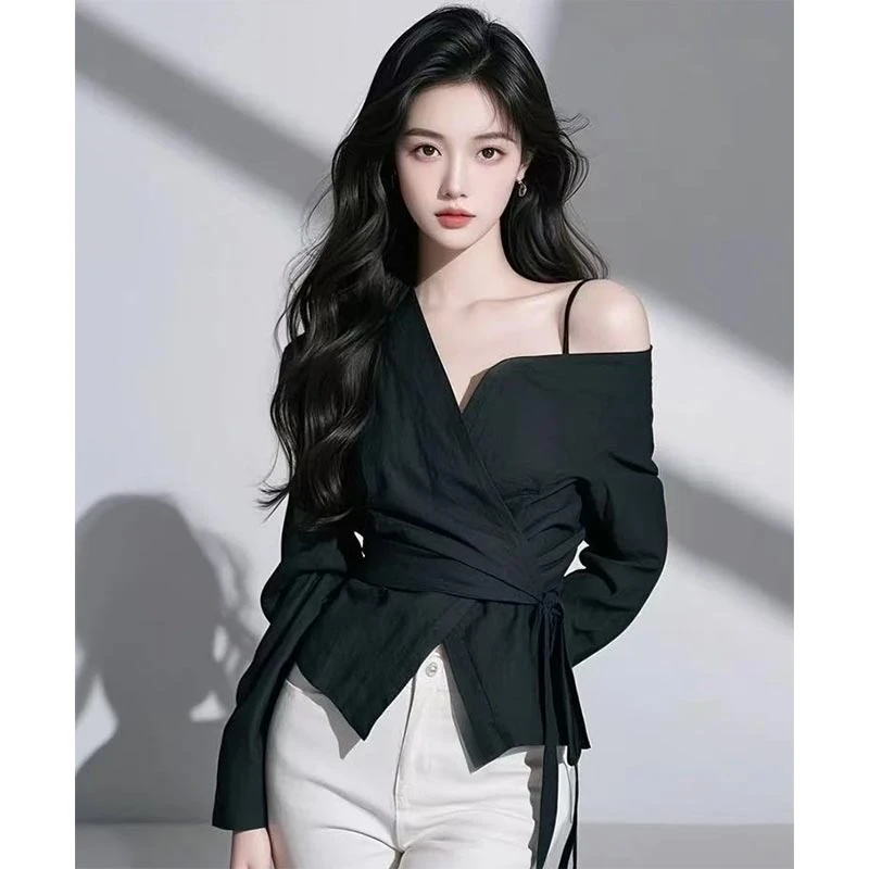 欧货高级感纯色露肩衬衫女2025年春季新款设计感气质收腰长袖上衣