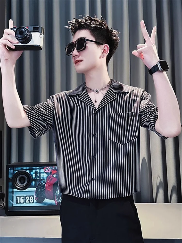 男士翻领衬衫短袖夏季潮流痞帅条纹半袖2025新款宽松百搭翻领衬衣