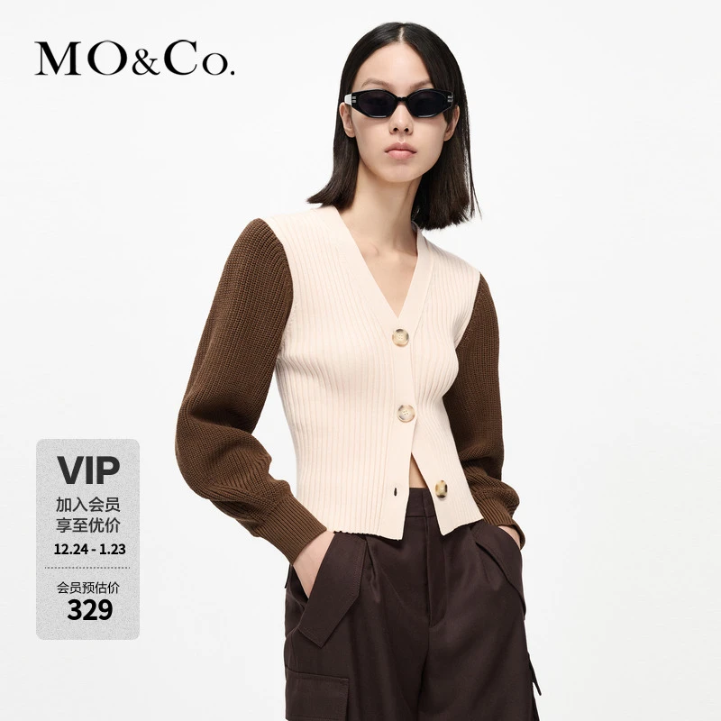 MOCO秋V领短款弧形袖拼接针织衫开衫MBB3CAR003