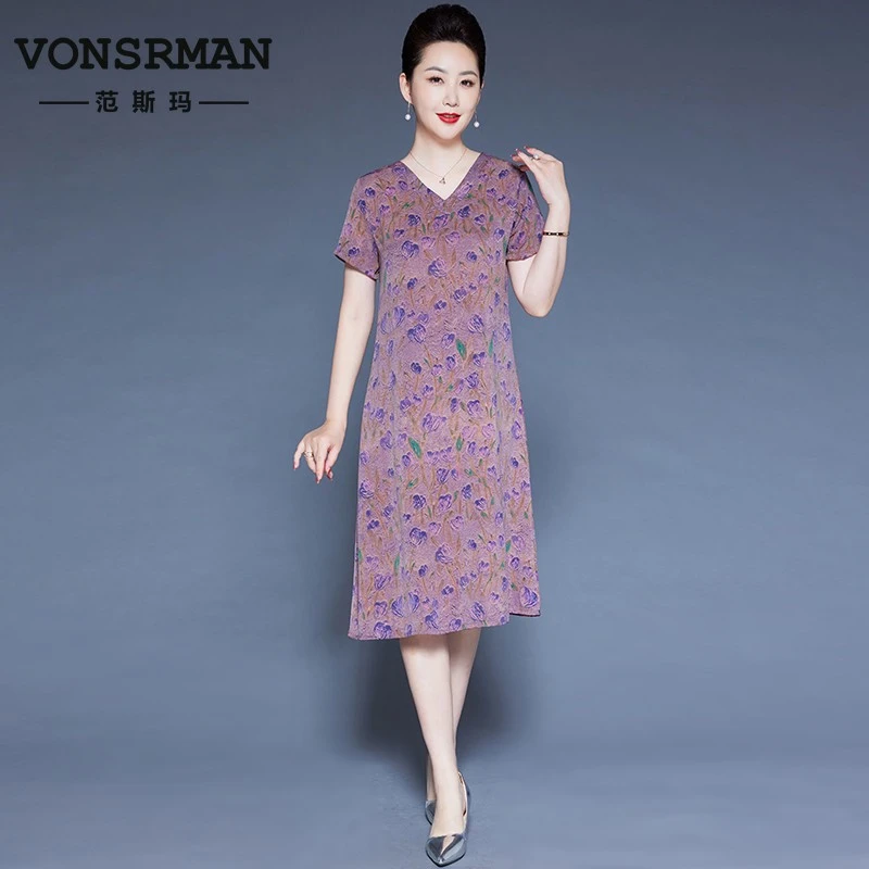 VONSRMAN连衣裙女夏季2025新款气质洋气碎花裙中年妈妈长裙