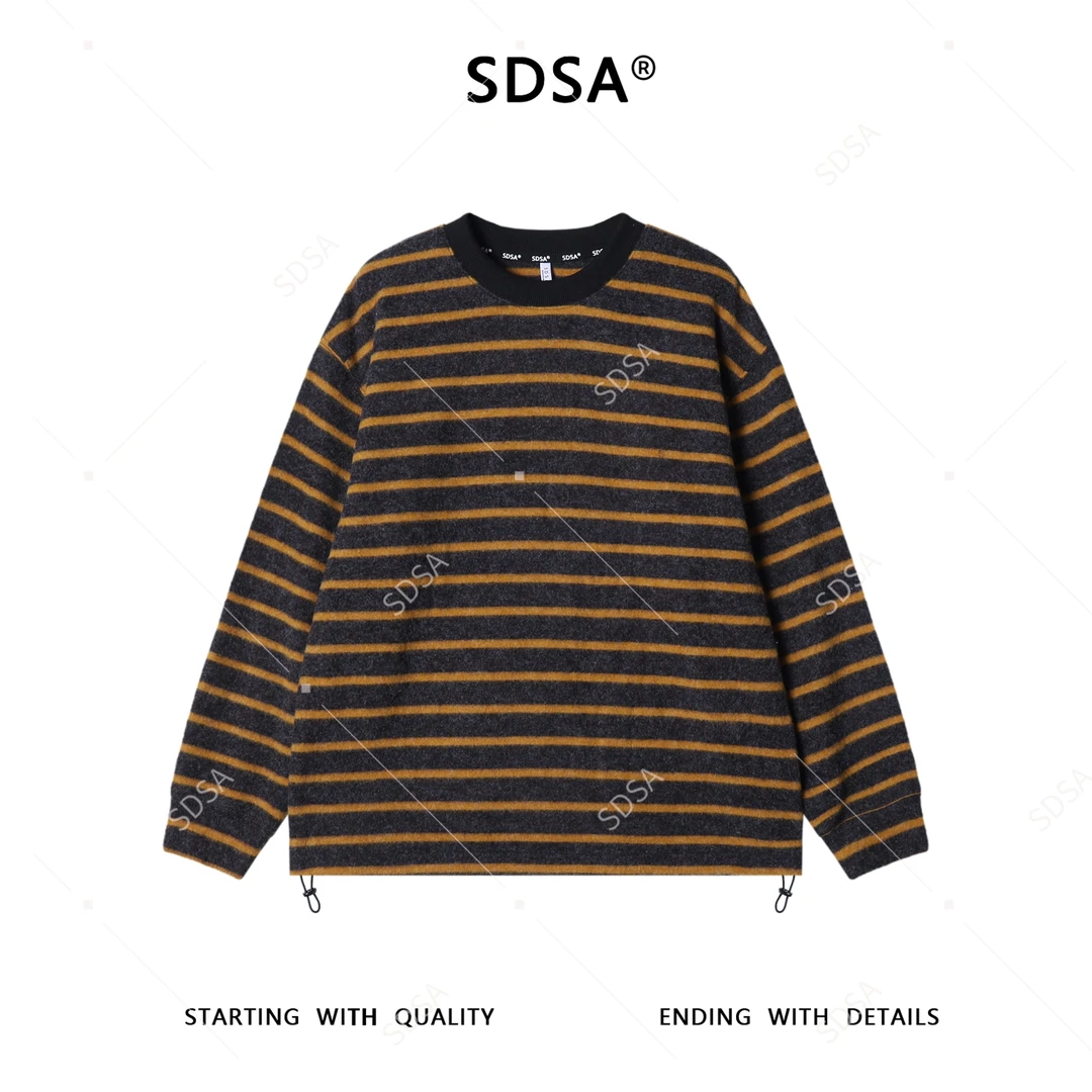 SDSA秋冬新款痞帅男装潮牌撞色条纹圆领长袖T恤下摆松紧设计百搭