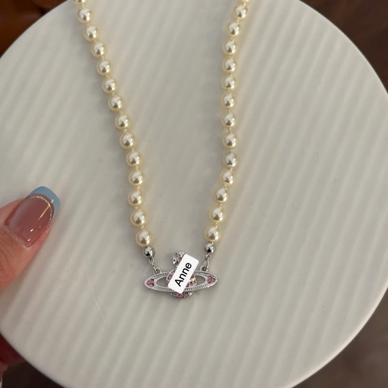 铜合金项链 粉锆珠珠土星时尚气质项链【X766】