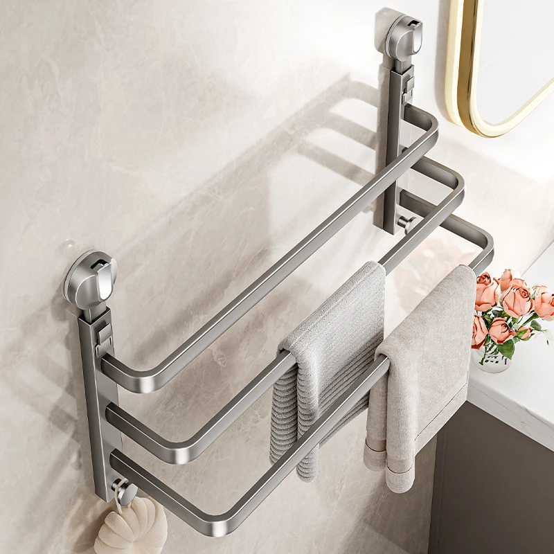 卫生间吸盘毛巾架枪灰多层浴室毛巾挂杆太空铝浴室置物收纳架子