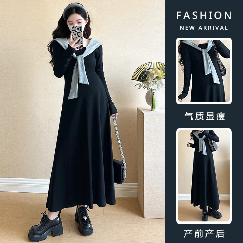 孕妇连衣裙春秋2025新款早春法式气质假两件披肩针织长裙黑色春装