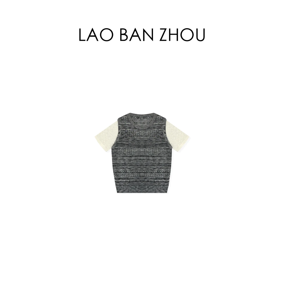 【老板周】时髦复古 夏季新款圆领撞色拼接针织短袖上衣