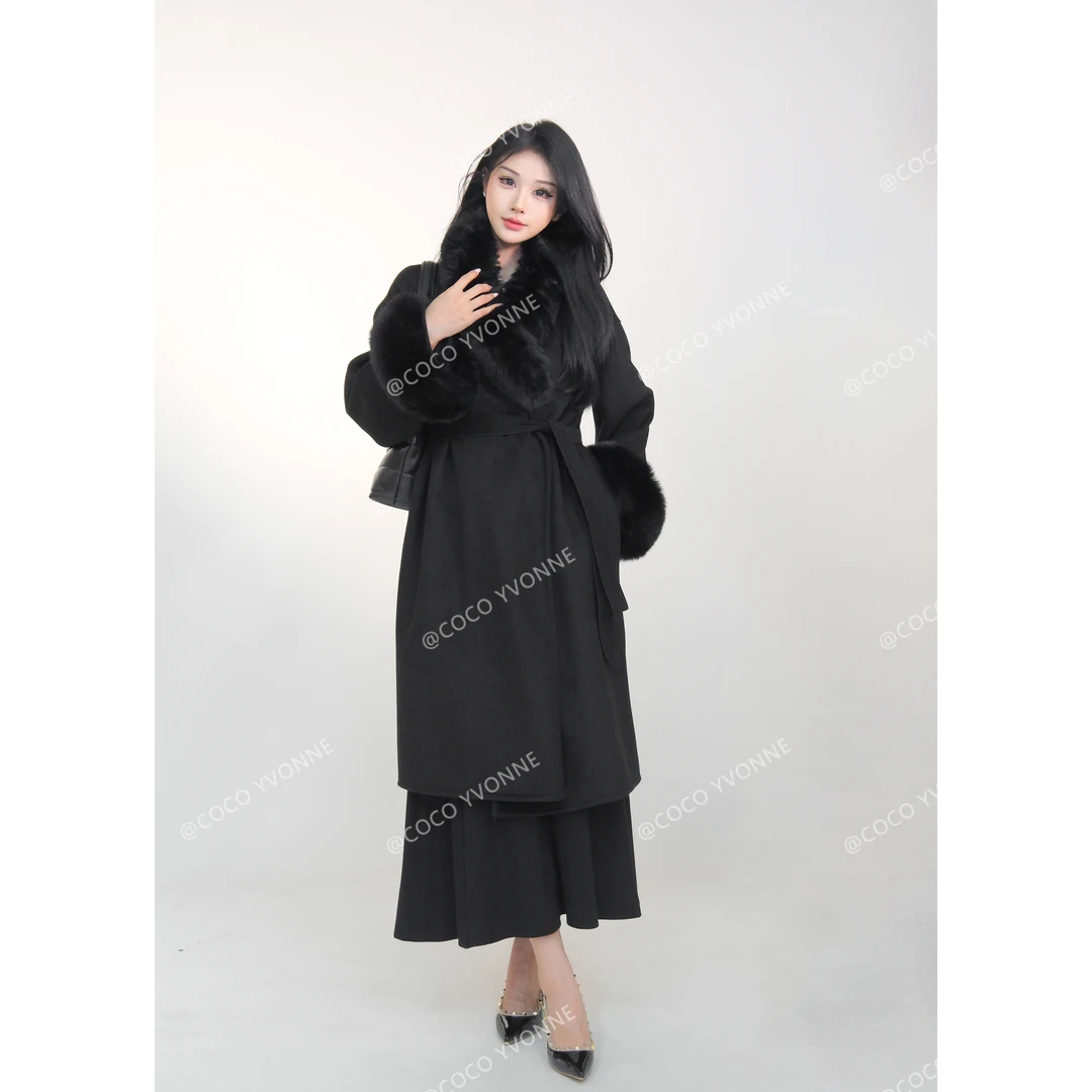 COCOYVONNE秋冬设计师宽松百搭中长款韩版气质双面呢羊毛大衣