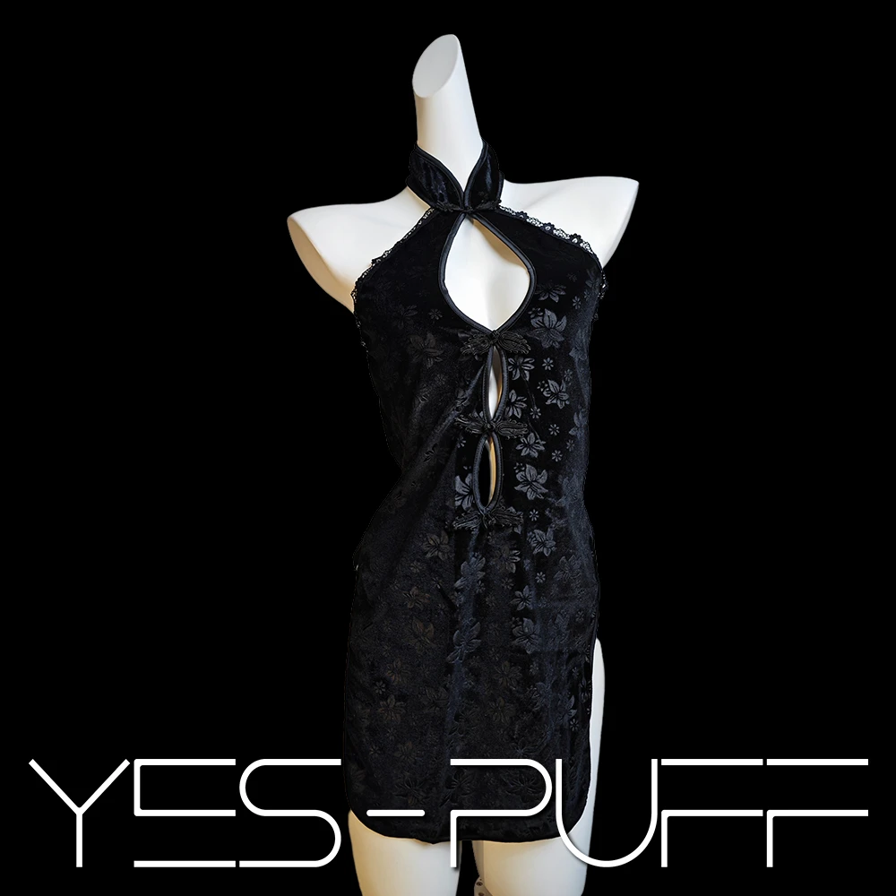 「椰汁泡芙」新中式气质性感修身复古旗袍印花丝绒睡裙