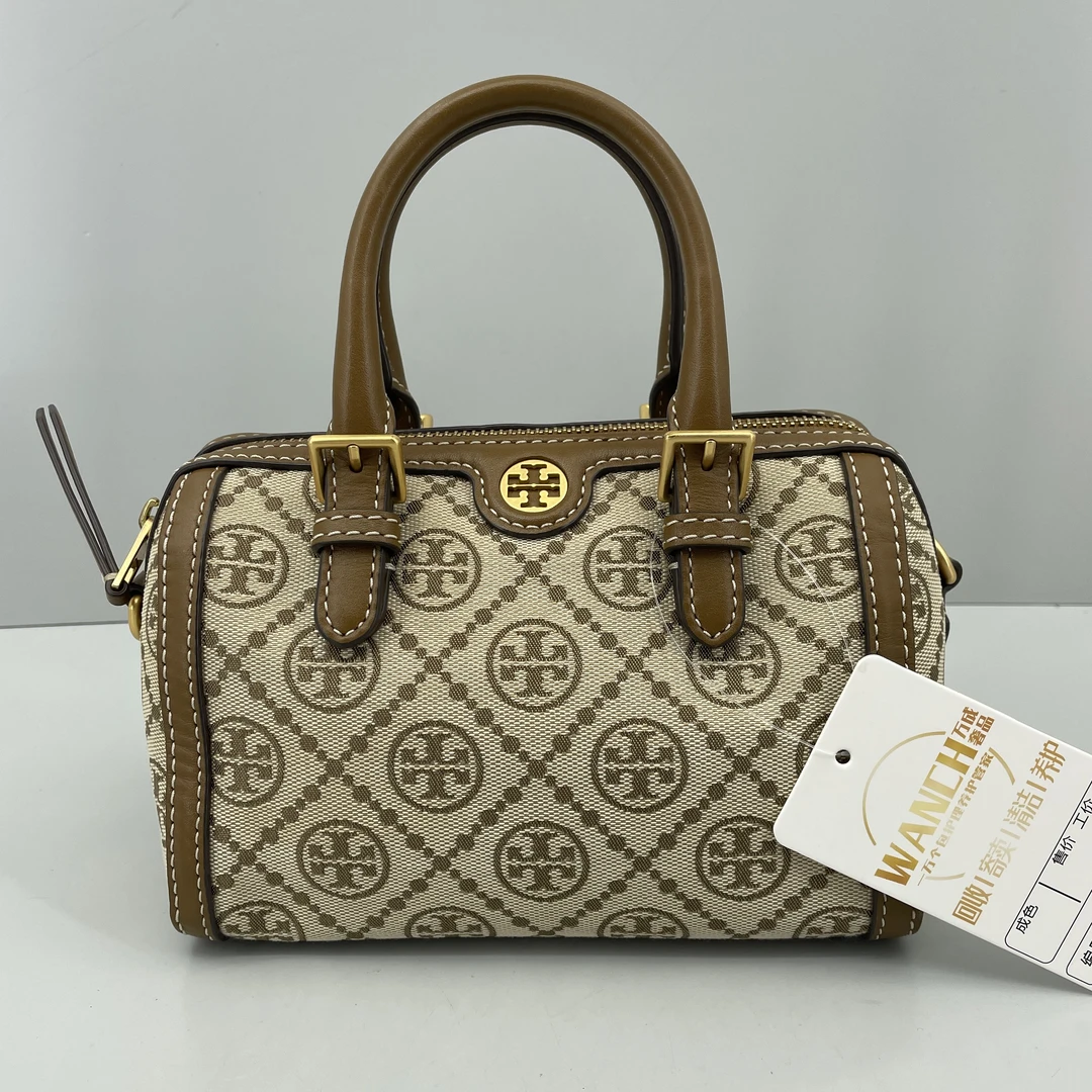95新 TORY BURCH/汤丽柏琦 棕拼老花波士顿手提包19*13*12E073002