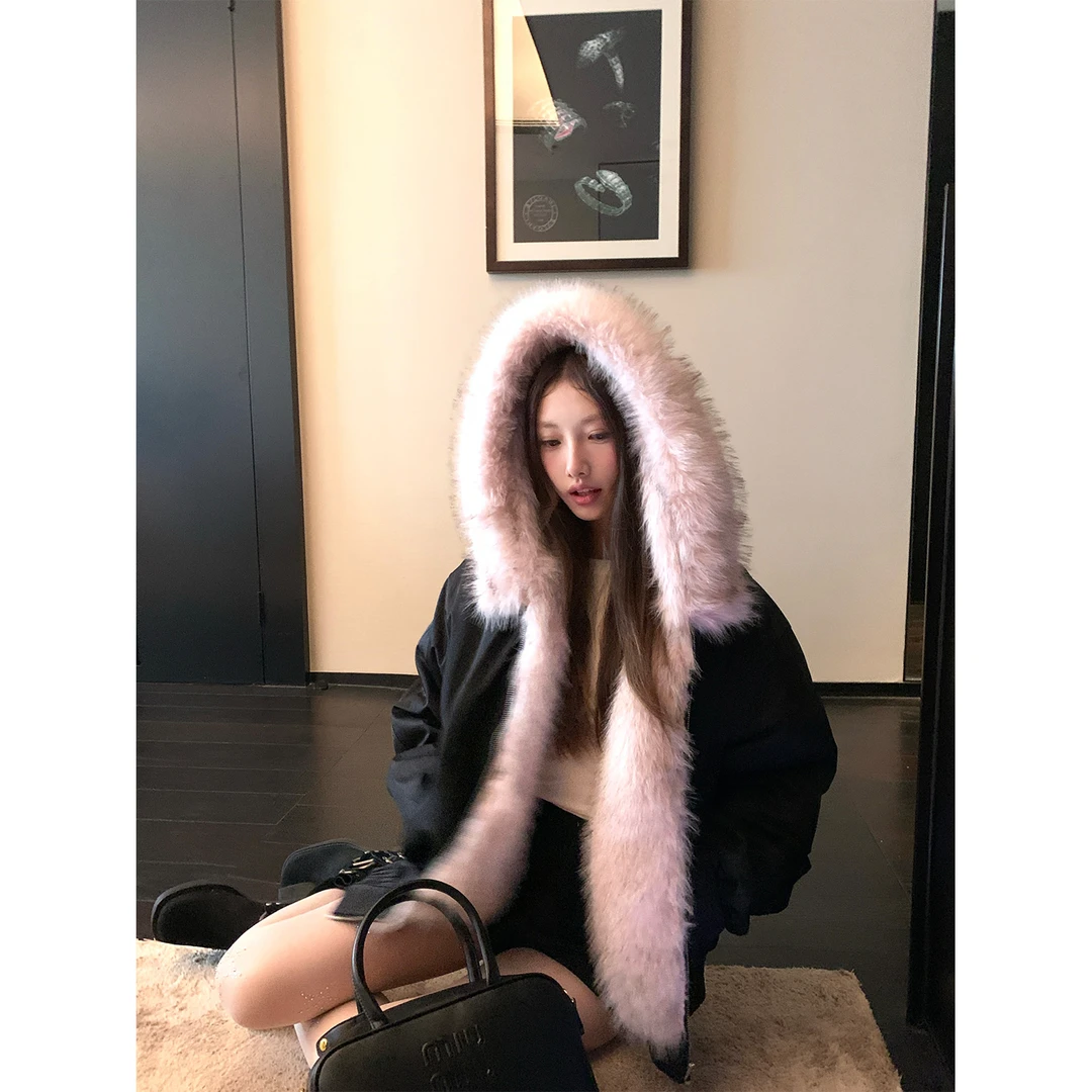 板栗可可Bankelili雪山派克 粉色碎花毛毛里连帽保暖棉服外套女冬