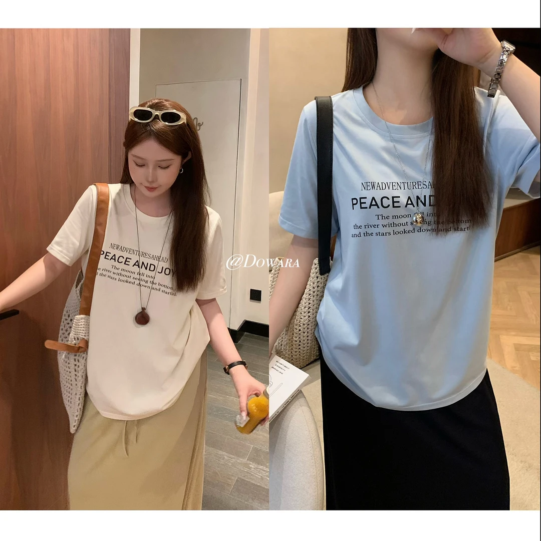 现货大婉酱微胖定制洋气字母印花圆领T恤女夏季宽松显瘦短袖9607D