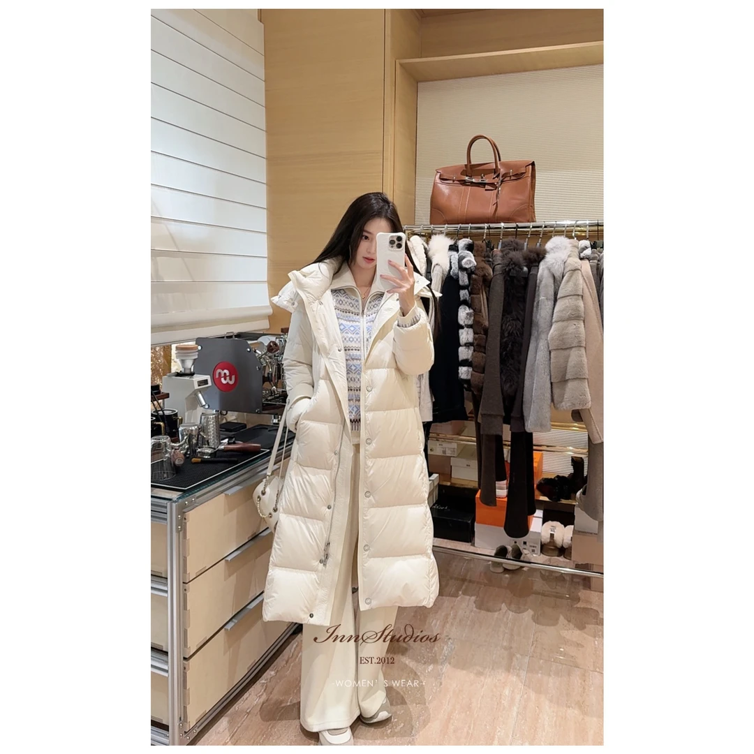 Innstudios 长款可脱卸帽立领腰带白鹅绒羽绒服外套