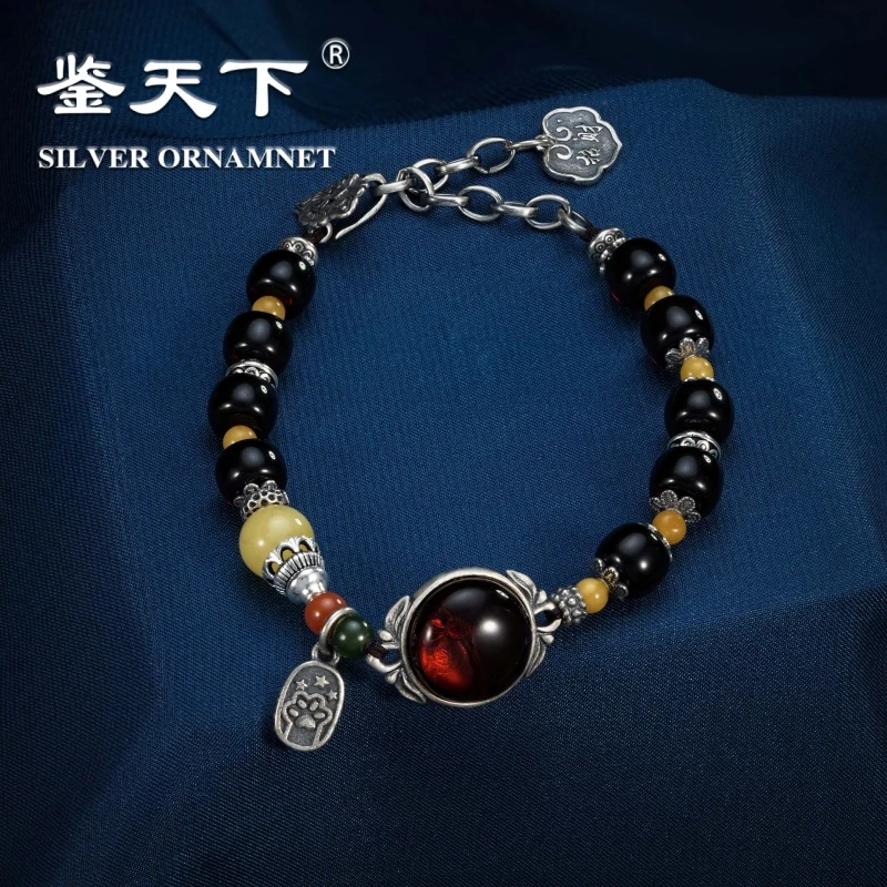 鉴天下复古血珀老型珠蜜蜡串珠招财手链06200317