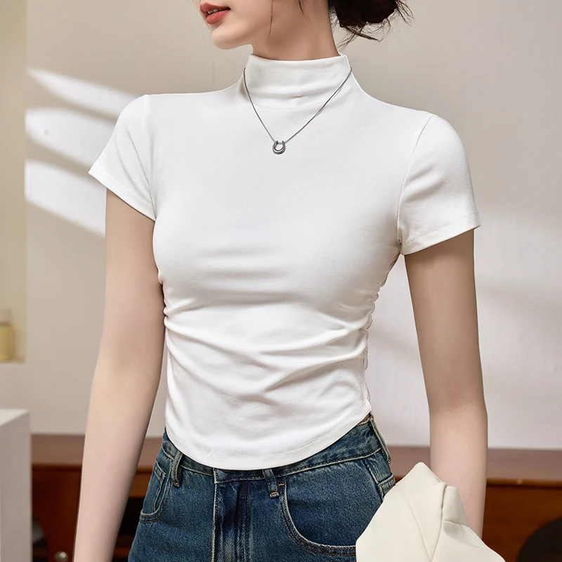 夏季一体半高领短袖女弧形下摆显瘦收腰设计韩系ins风一体式T恤女