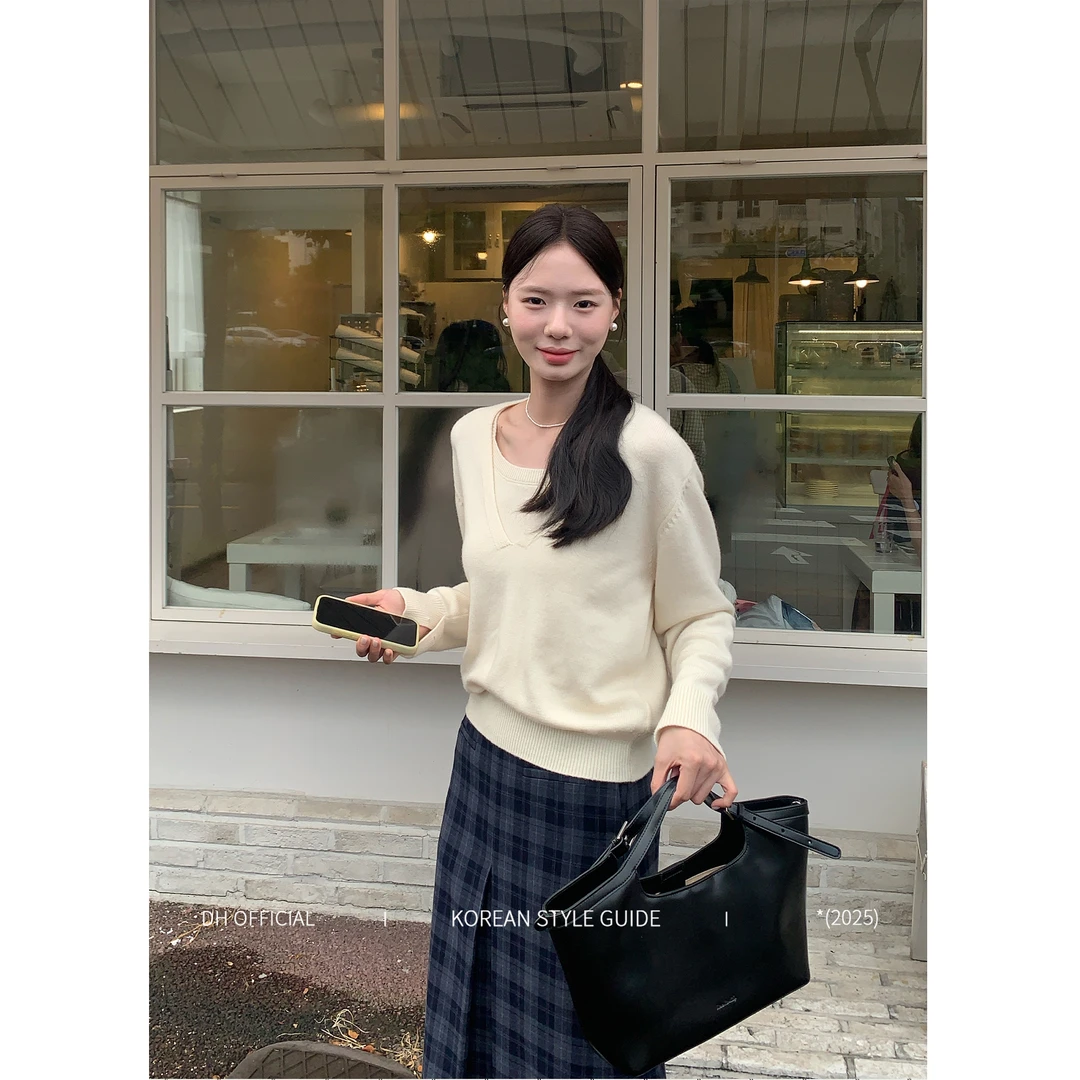 DH OFFICIAL 大花【白色岛屿 White】韩系慵懒风袖口开叉毛织两件套