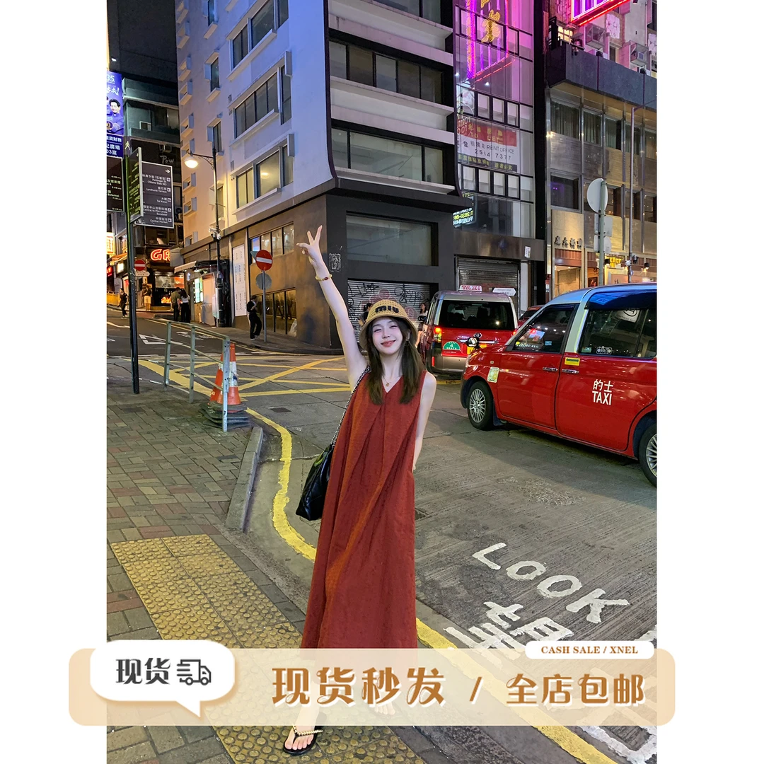 陳文文xenl【贝微微】夏季新款极简风无袖v领气质连衣裙红裙女L0141